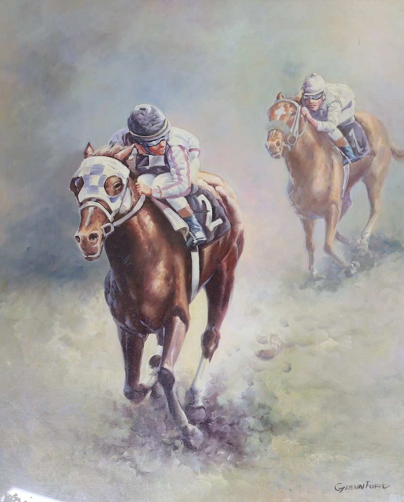 Glenn Ford, two oils on board, Horse racing scenes, signed, 59 x 49cm